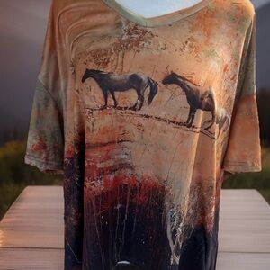 Boho Western Top Lightweight Beautiful Horse Orange Rustic V Neck Women’s 2XL